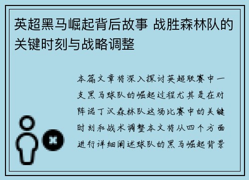 英超黑马崛起背后故事 战胜森林队的关键时刻与战略调整 英超黑马崛起背后故事 战胜森林队的关键时刻与战略调整